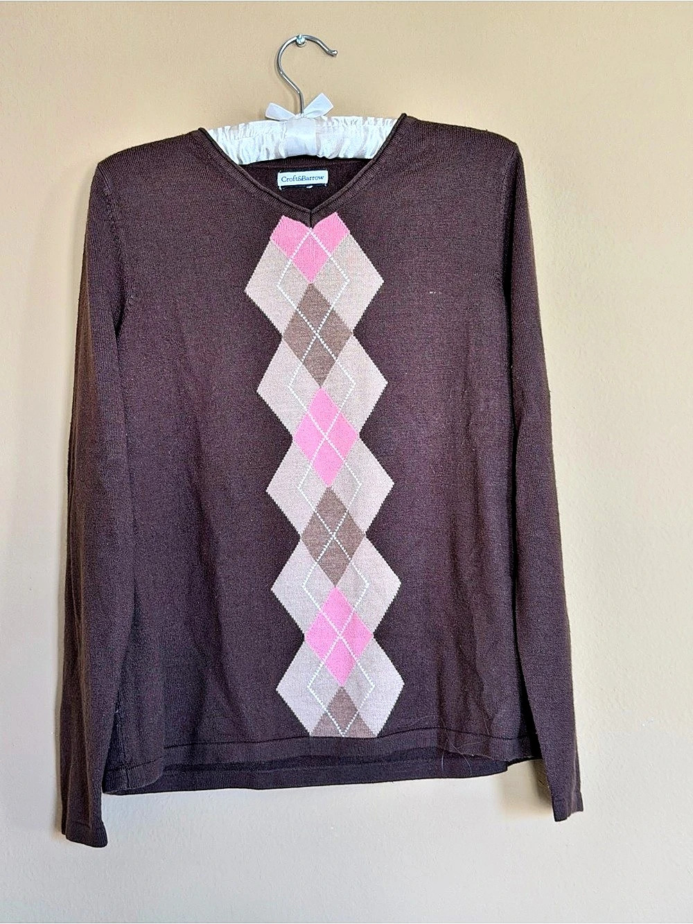 Croft & Barrow Women's Brown Pink Argyle Sweater